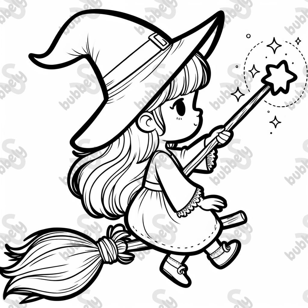 Hexe die auf einem Besen sitzt und einen Zauberstab in der Hand hält