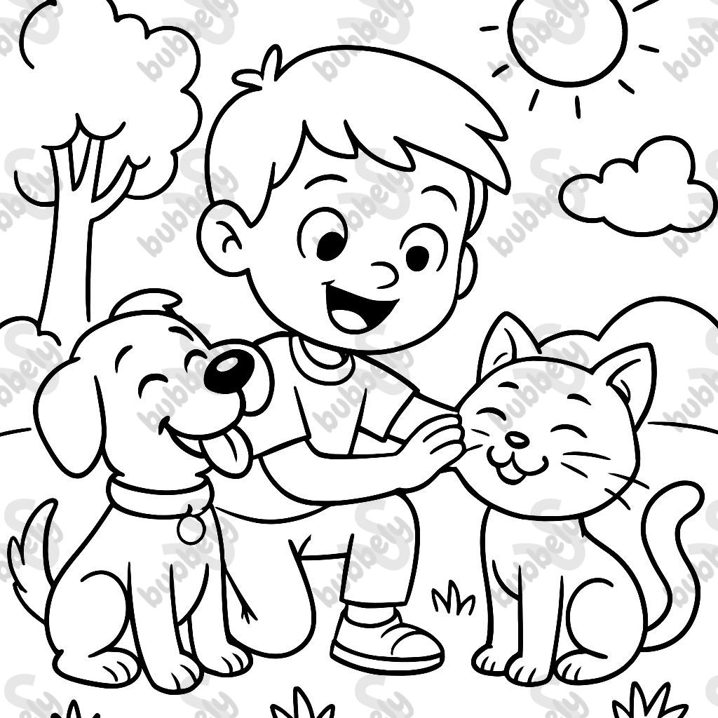 Child making friends with a dog and cat