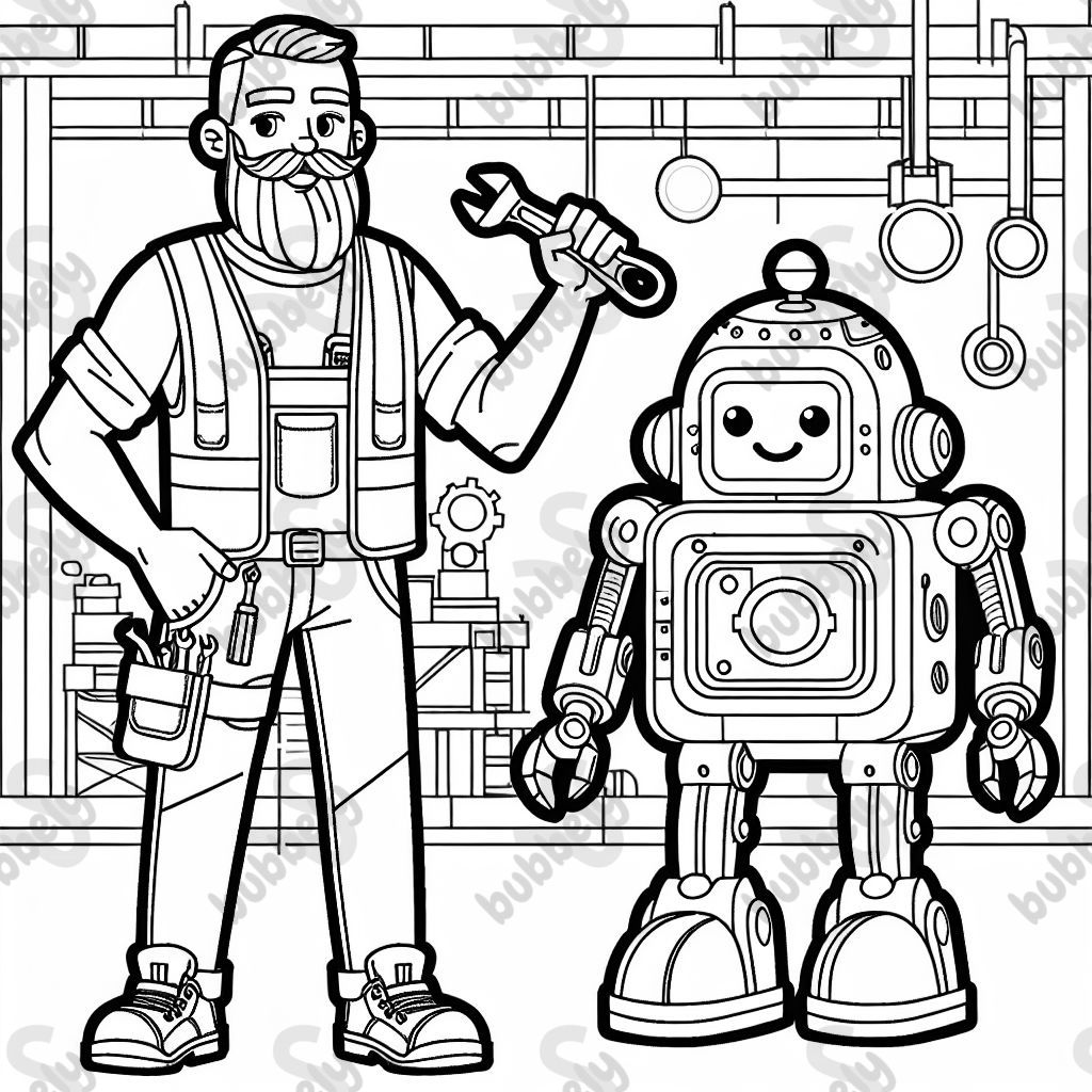 A bald man with a beard wearing a safety vest standing next to an industrial robot and holding a wrench.