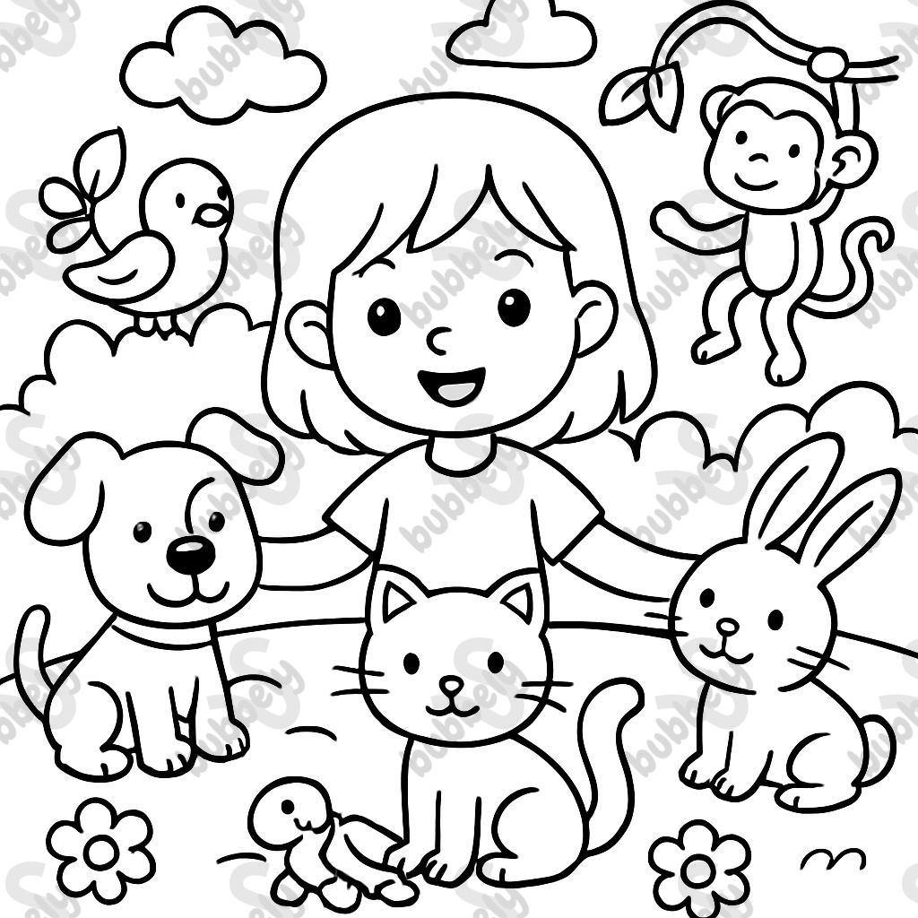 a girl with many animals around in a circle
