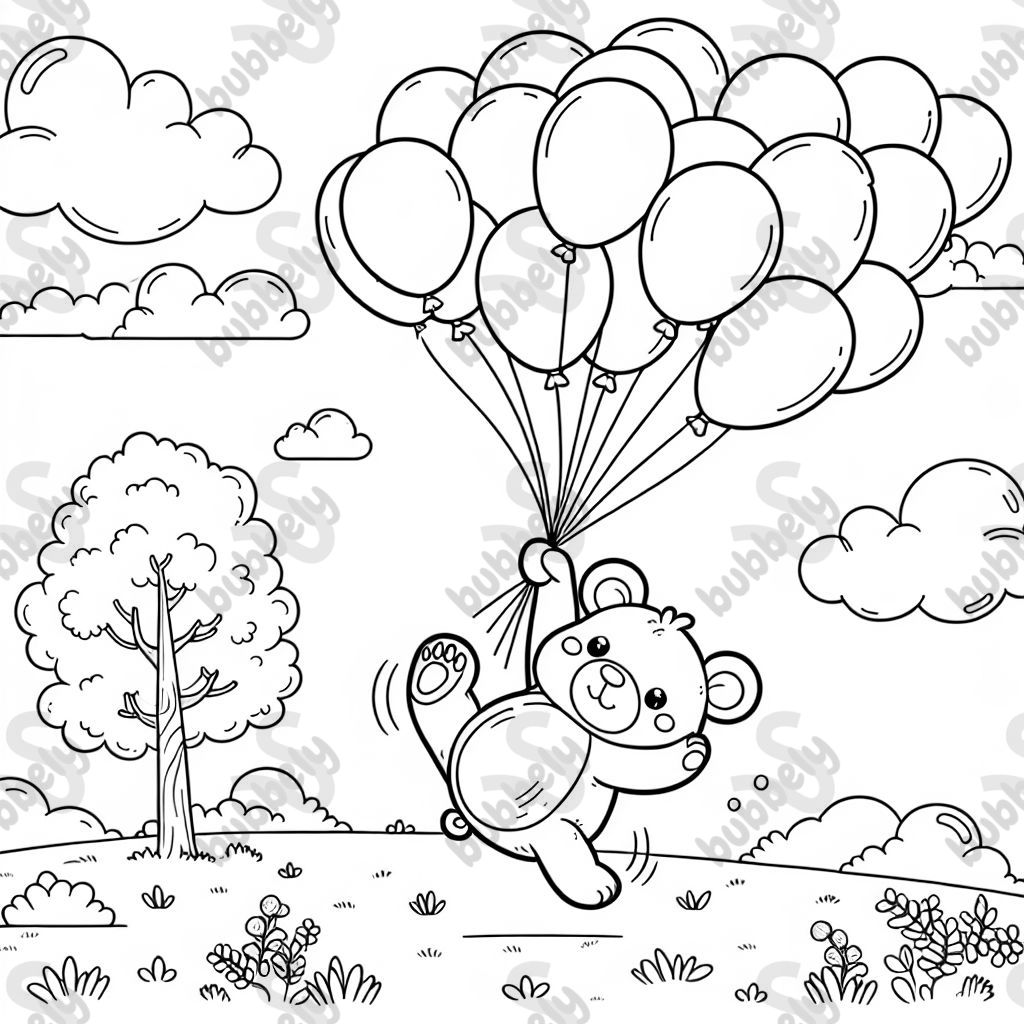 a bear unbalanced in the air being carried up by balloons 