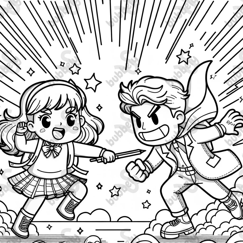 Eine comic geschichte von einem mädchen das gegen einen bösewicht kämpft