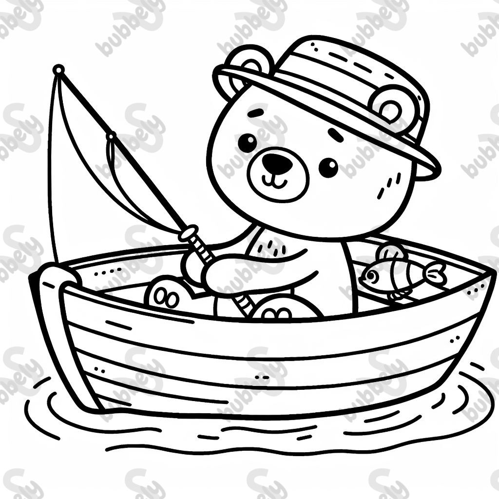 A bear in a rowboat wearing a fishing hat