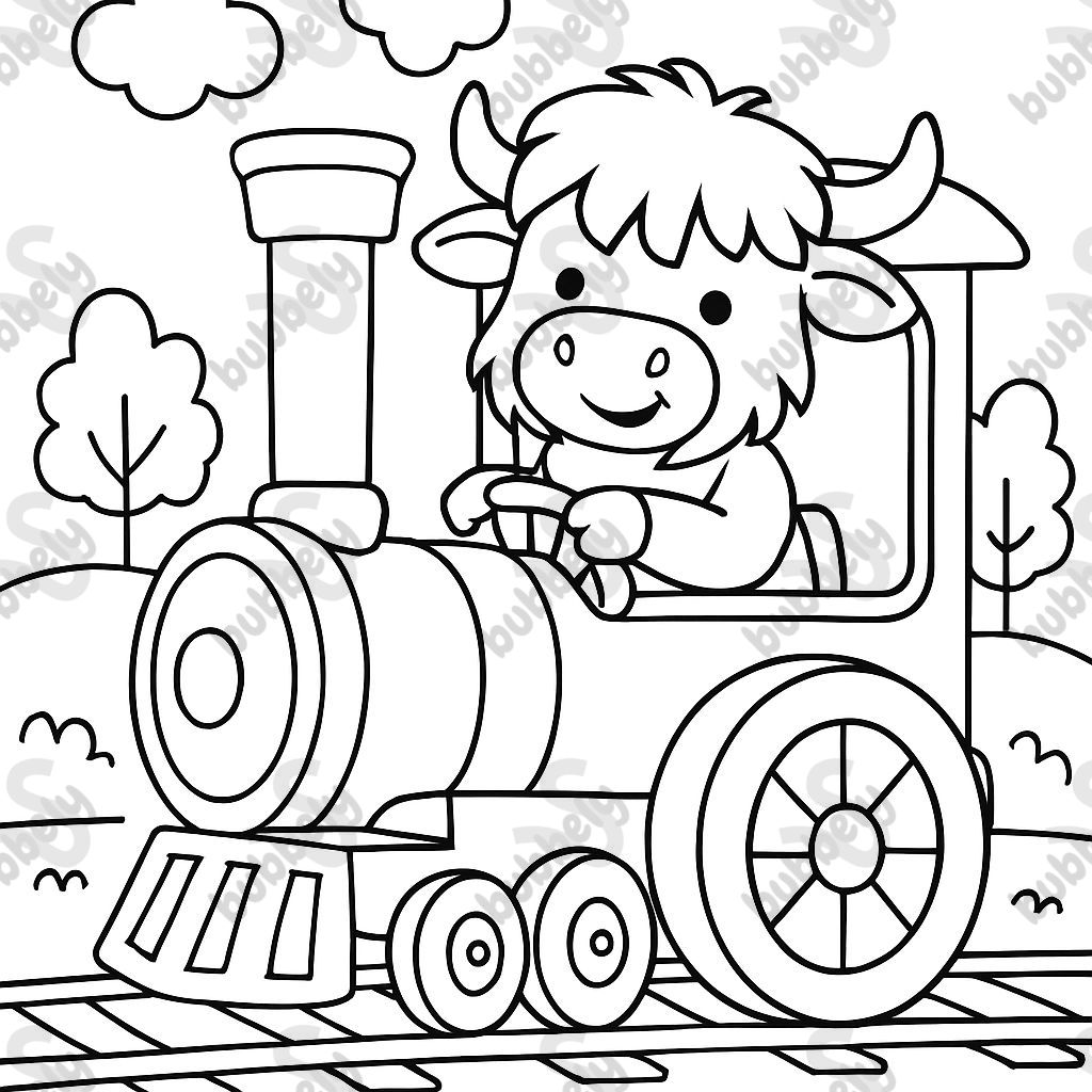 a highland cow driving a steam engine