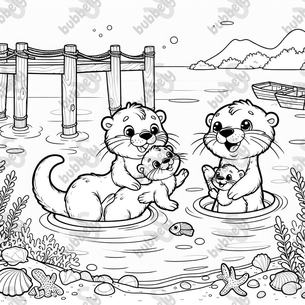 family of otters floating in the ocean by a wharf - mom dad daughter
