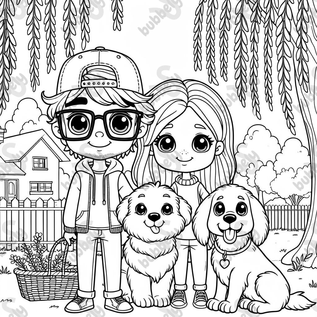 Man with fluffy hair and square glasses on his face, wears a snapback hat on his head and bright brown eyes. A woman with red brown hair in a braid going down the side. A pretty fluffy big golden retriever and a puppy cane Corso. Standing outside under a weeping willow tree in front of a house.