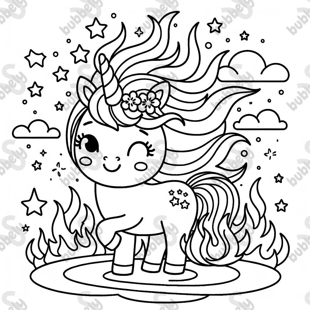 a unicorn with burning hooves and stars around it