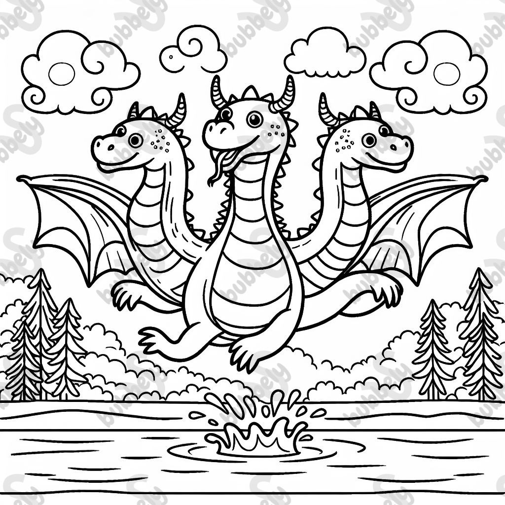 A three-headed dragon jumping out of a lake