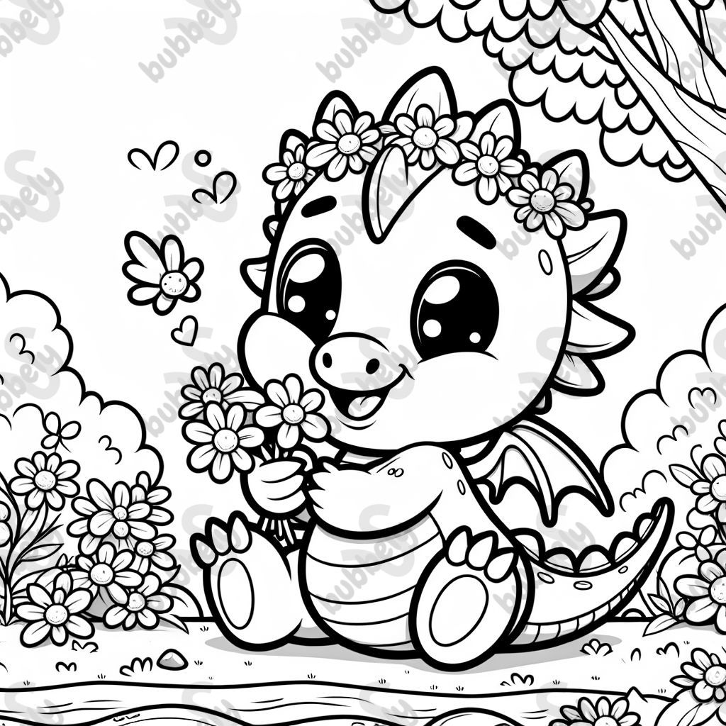 einen kleine Babydrache der Blumen isst