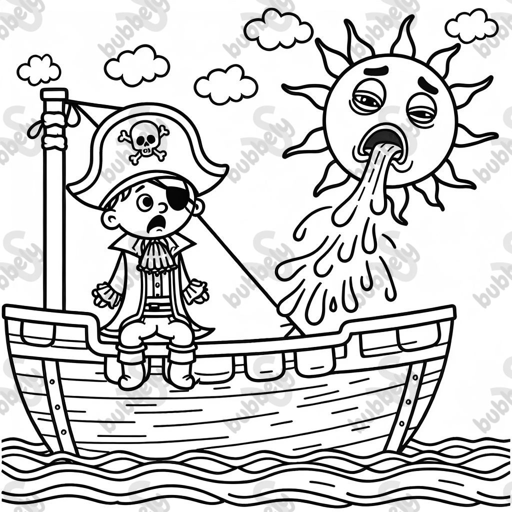 Pirate on pirate ship in the sea with vomiting sun