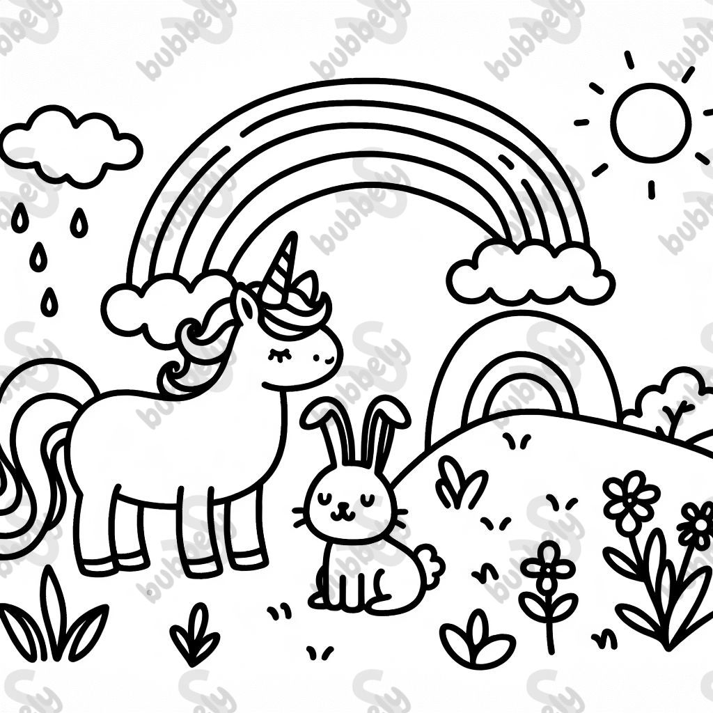 ein Einhorn und einen Hasen und einen Regenbogen und eine Wolke und eine Wiese.