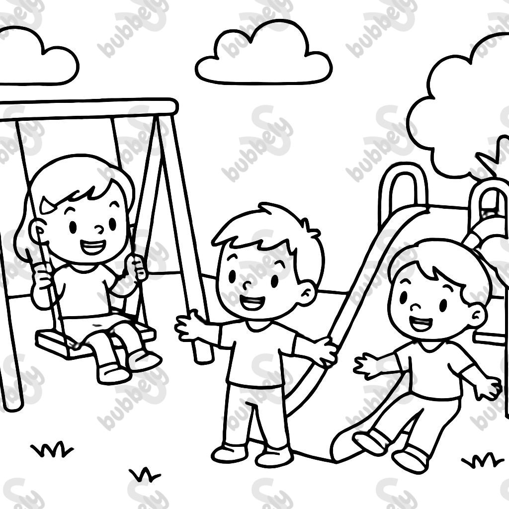 Children play in kindergarten with a swing and a slide.