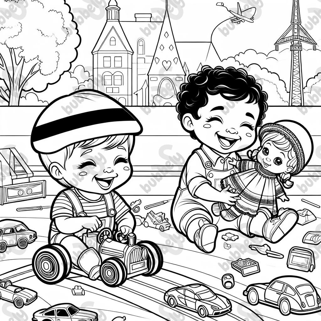 Einen Jungen der mit Autos spielt, daneben einen Jungen der mit Puppen spielt