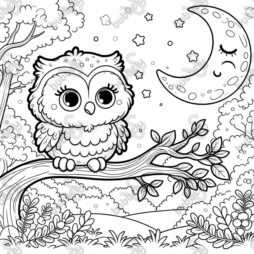 Eine babyeule auf einem Ast  mit sternen und einem mond im hintergrund