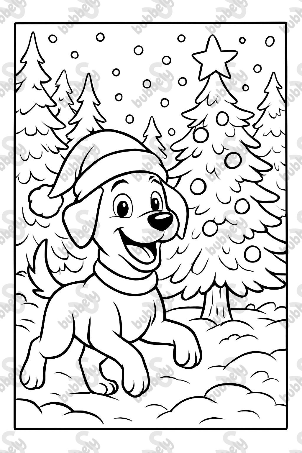 una página para colorear de Navidad con un perro usando un sombrero, nevando, en un bosque con un árbol de Navidad.