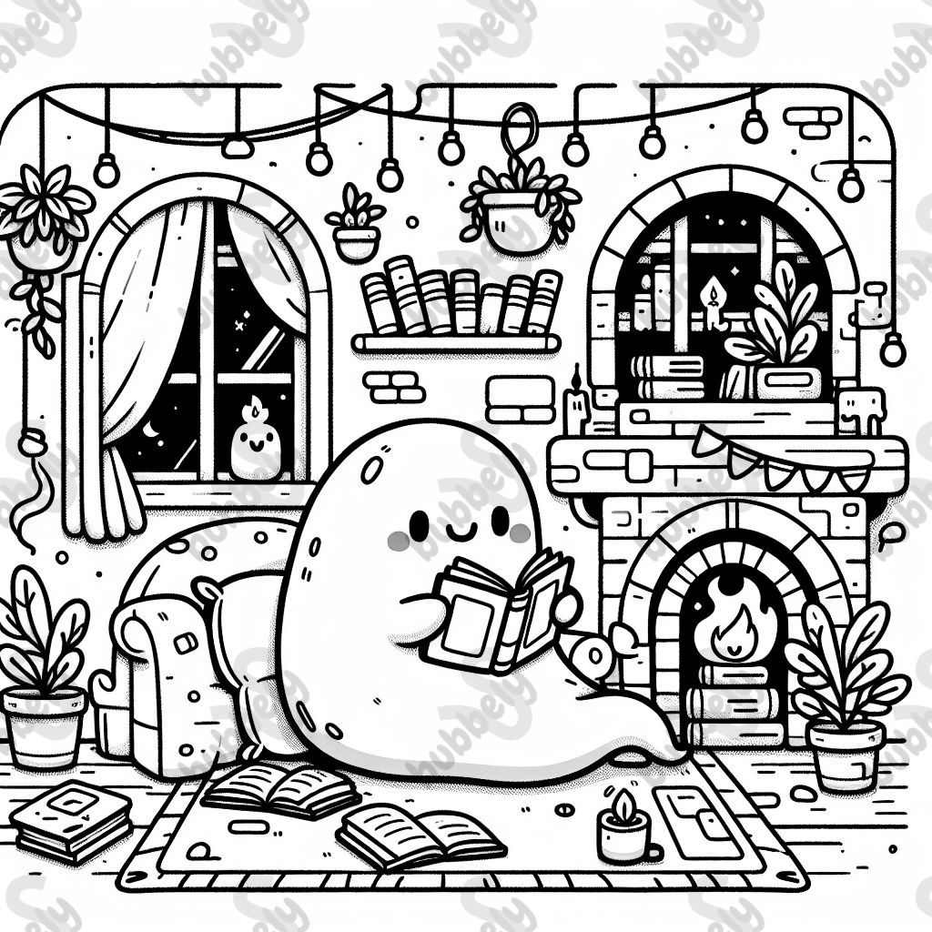 Room with plants and books and ghost in blanket reading book