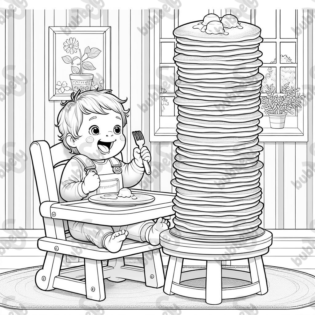 Toddler boy in a high chairveating a stack of pancakes as tall as the ceiling