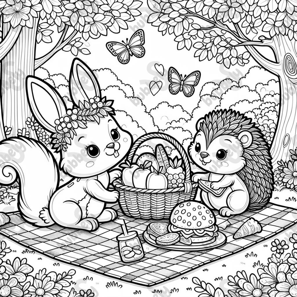 A group of adorable animals, including a bunny, a squirrel, and a hedgehog, having a picnic in a forest clearing. The animals are sitting around a checkered blanket with a basket of fruits, sandwiches, and cookies. The scene includes trees with leaves, flowers, and butterflies fluttering around. Each animal has a cute expression, and the setting is cheerful and inviting