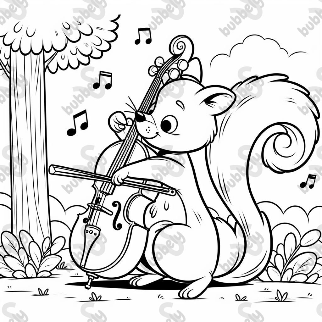 A squirrel playing a cello, perfect for a creative coloring page.