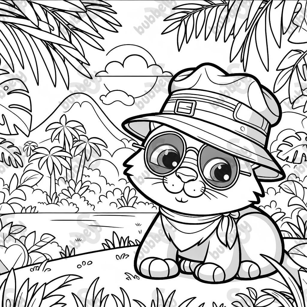 Un chat avec une casquette et des lunettes de soleil dans la jungle Un chat avec une casquette et des lunettes de soleil dans la jungle