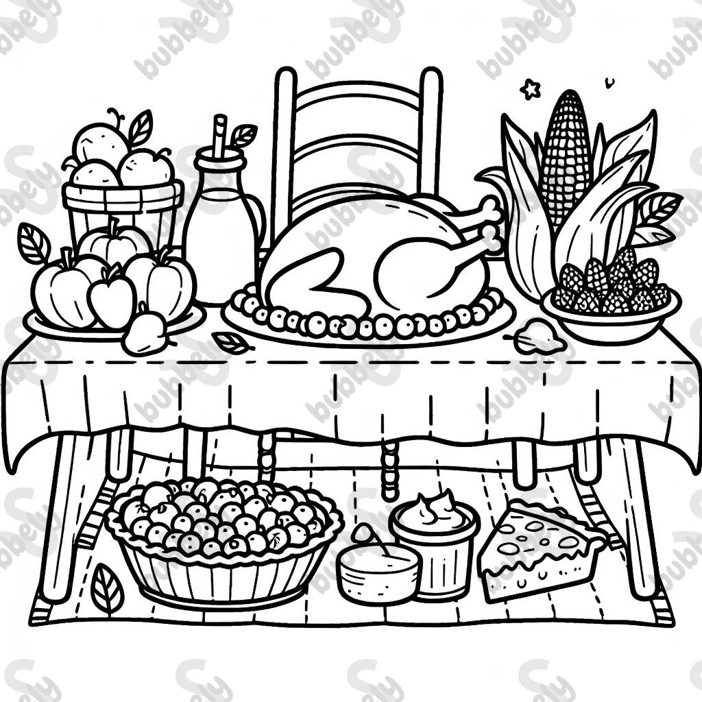 a table with a turkey, berries, milk, corn, potatoes, pumpkin pie