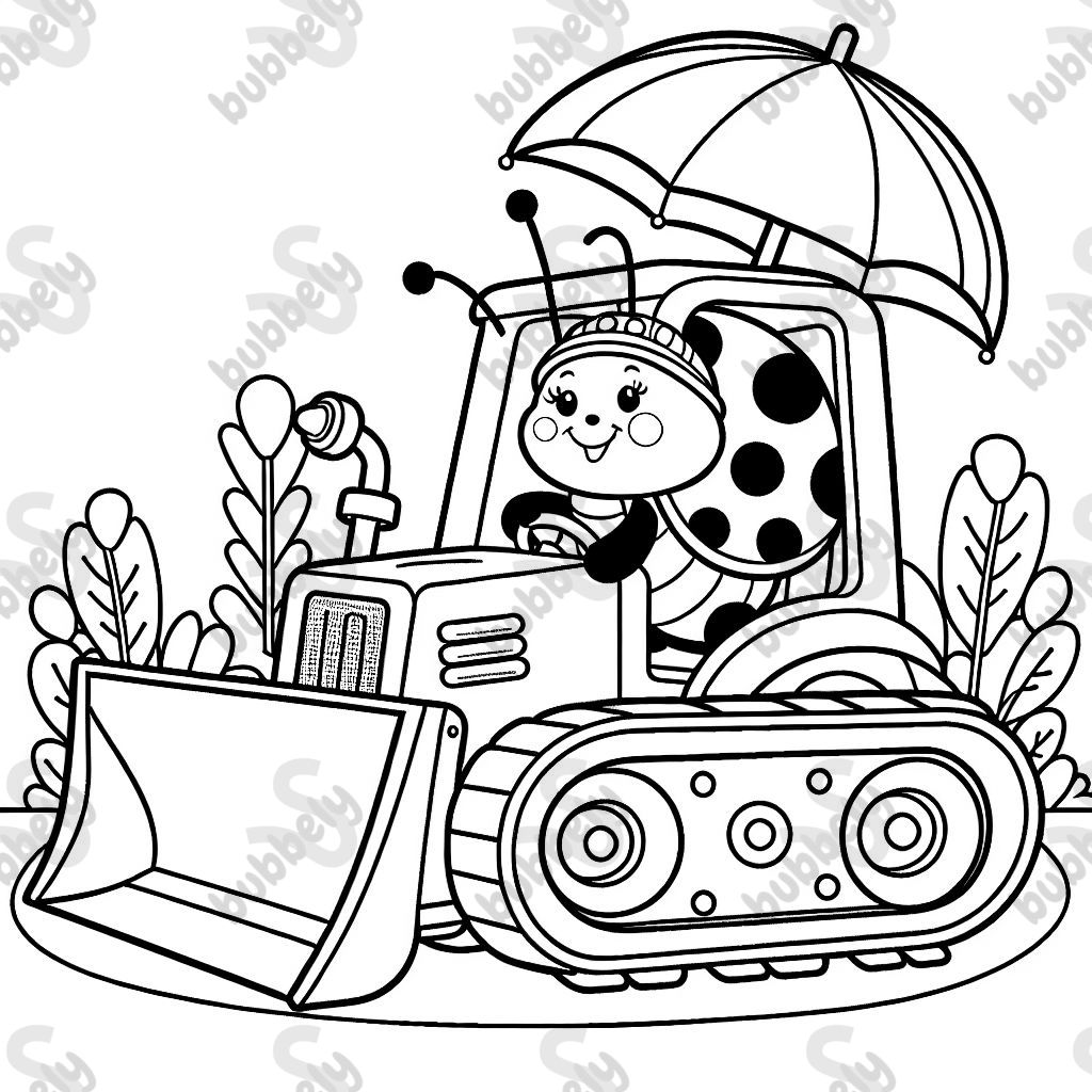 A cheerful ladybug is sitting in a bulldozer, enjoying a ride across the land.