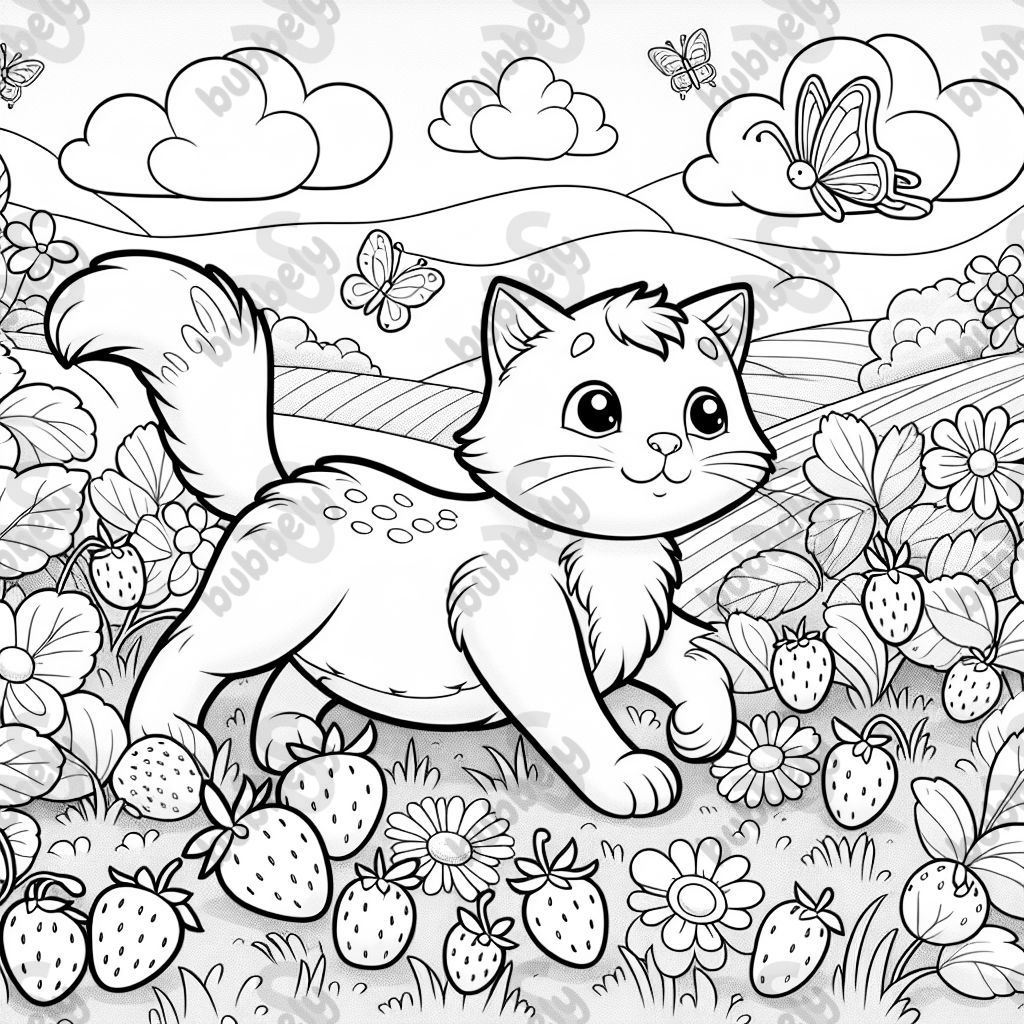 A cat in a strawberry field