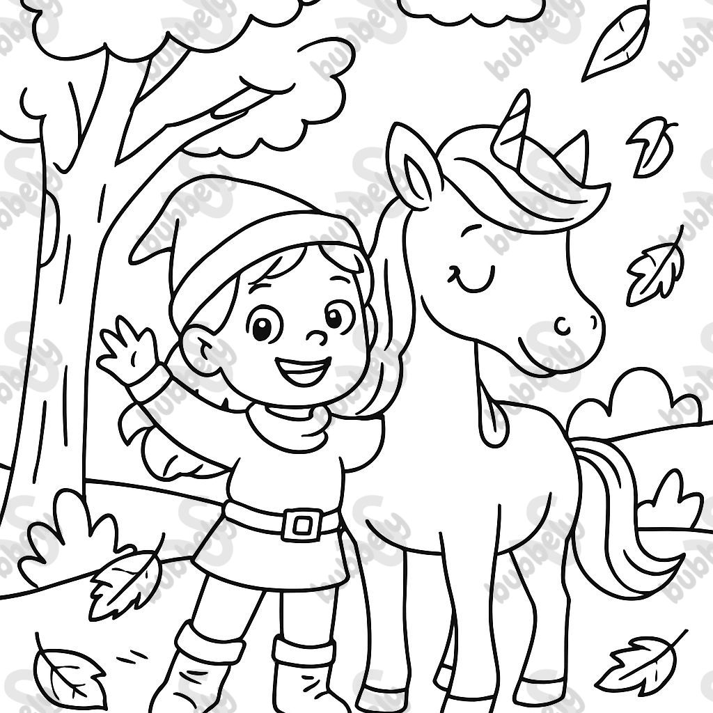 a brave girl named Maila with a unicorn in autumn