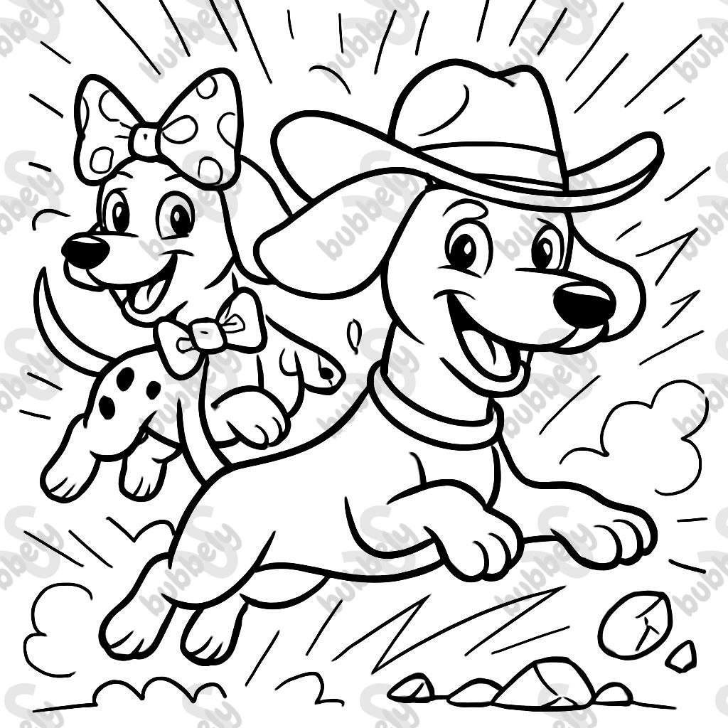 2 Dachshunds, 1 with a bow and spots and the other with a cowboy hat.