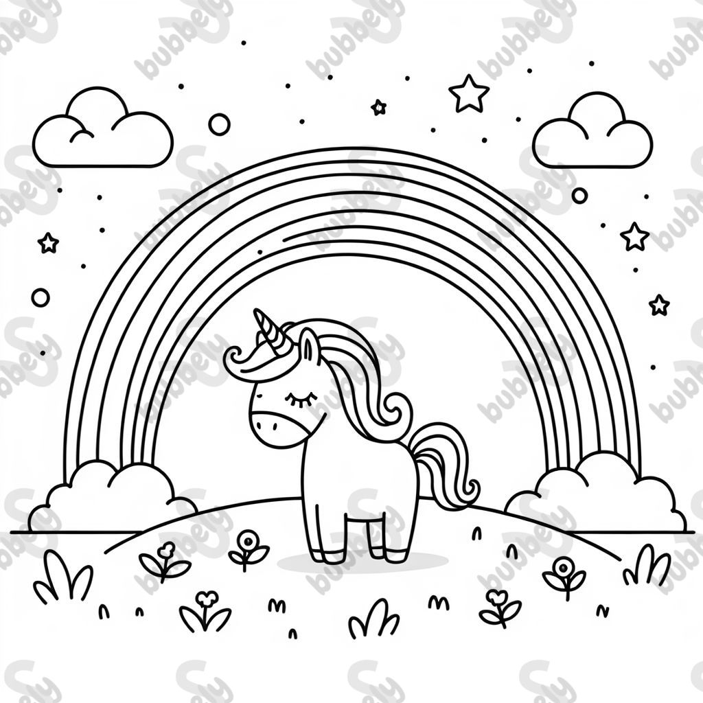 A unicorn under a rainbow on the grass with hills