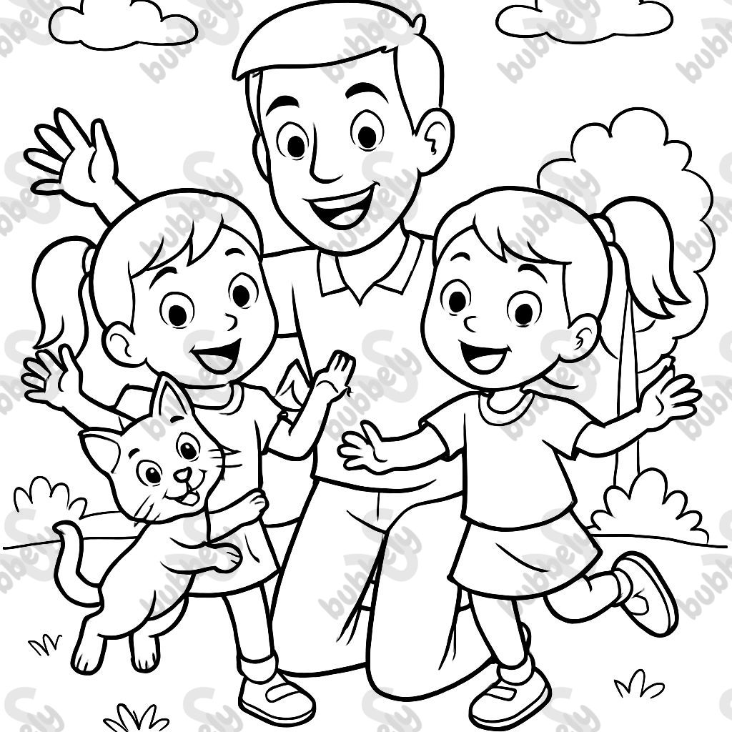 Family with two twin sisters and one cute kitten