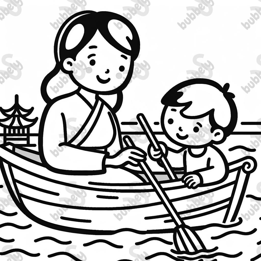 mom and son in boat