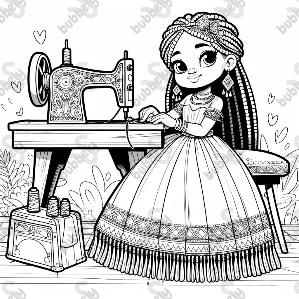 an african american princess with braids, and a long dress with fringes at the bottom sitting at a table with a sewing machine