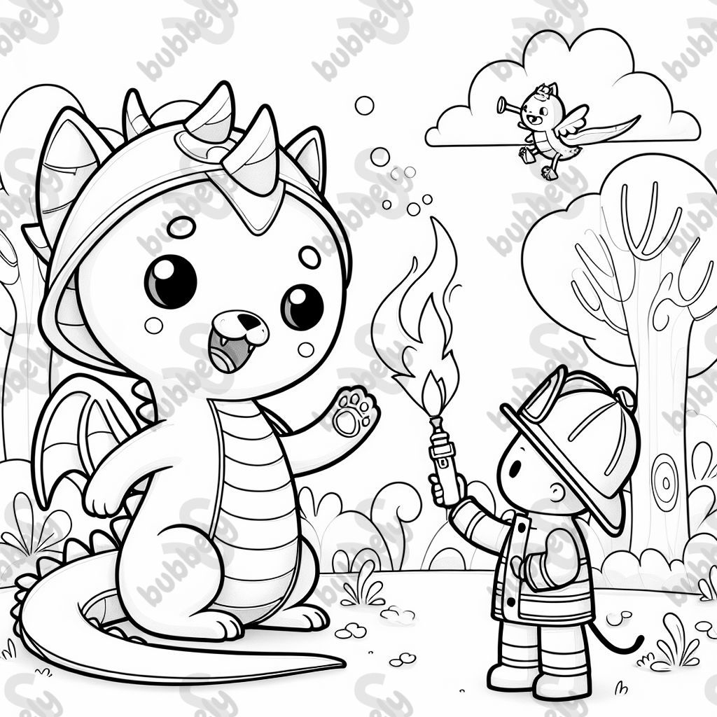 Drachenkatze mit feuerwehrmann