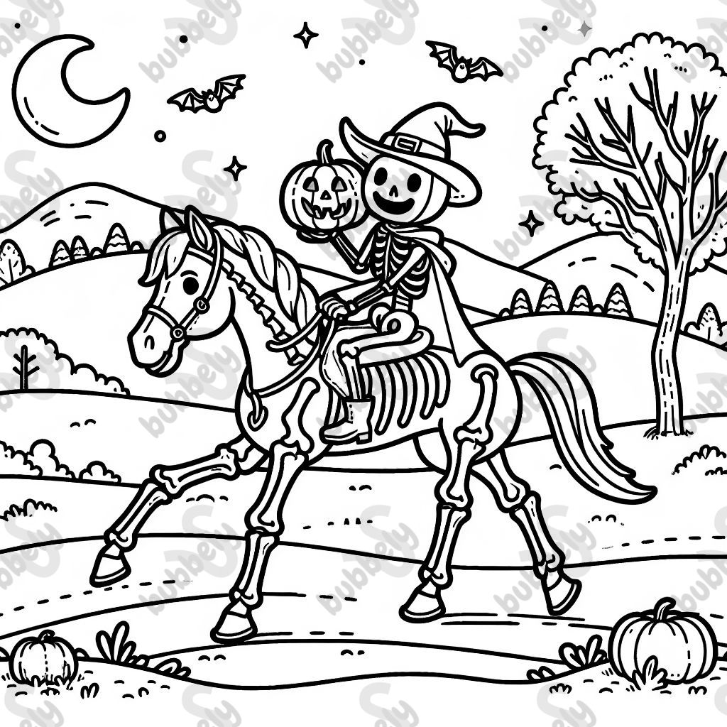 Ein kopfloser reiter auf einem skelettpferd mit kürbiskopf unter dem arm