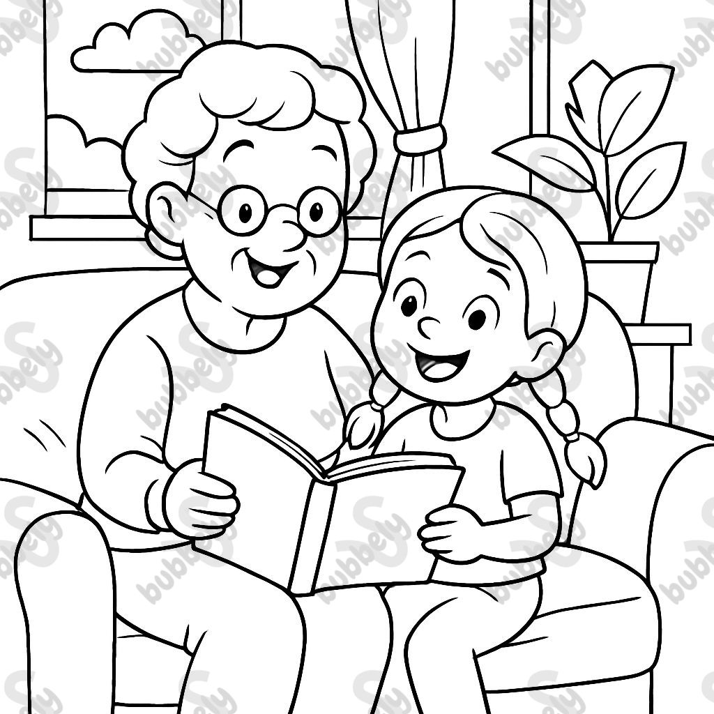 Grandma with short wavy hair and granddaughter with braids reading a book on the sofa