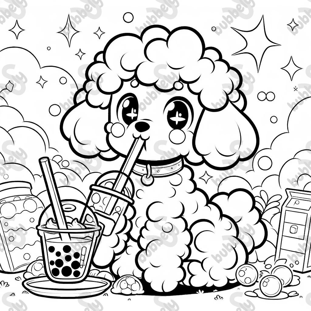 A cute poodle drinking boba tea