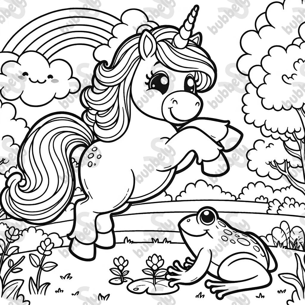 Ein Einhorn, dass mit einem Frosch spielt 