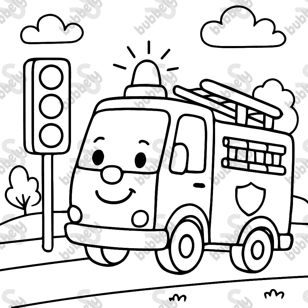 a fire truck and a traffic light