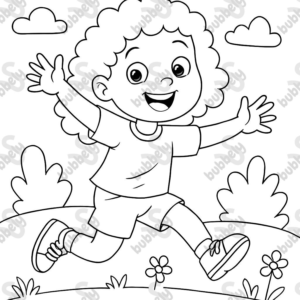 A girl with curly hair jumping.