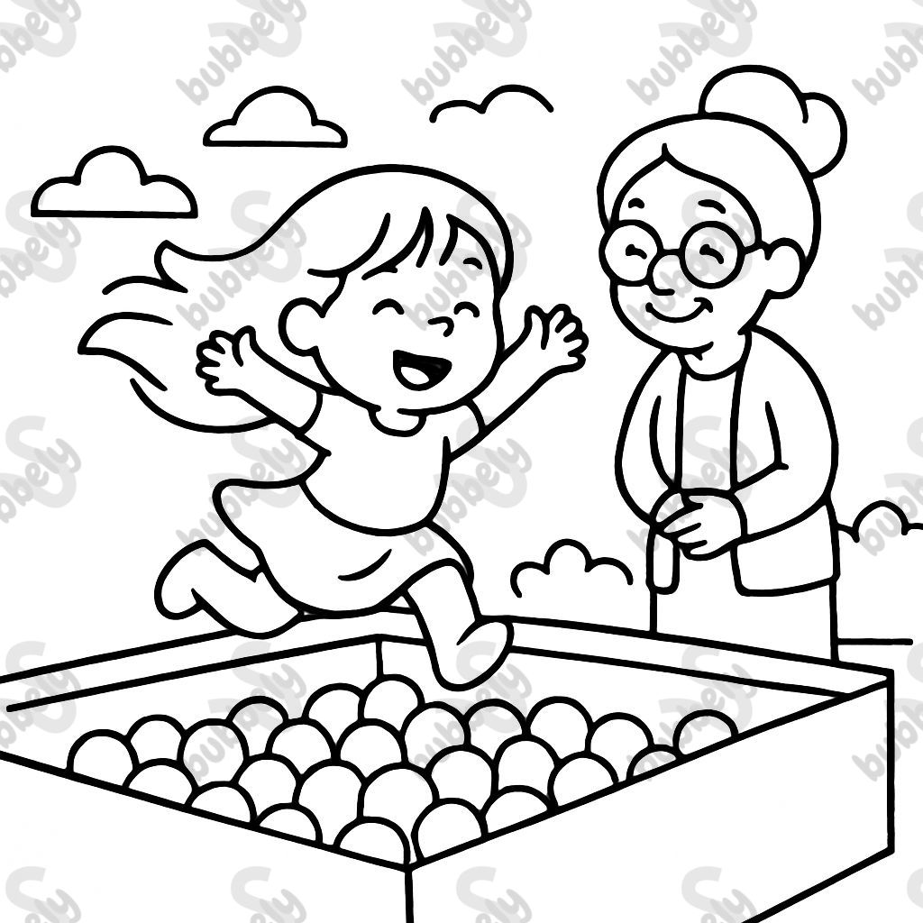 little girl with long hair jumping happily into a ball pit while her smiling grandma stands by the edge