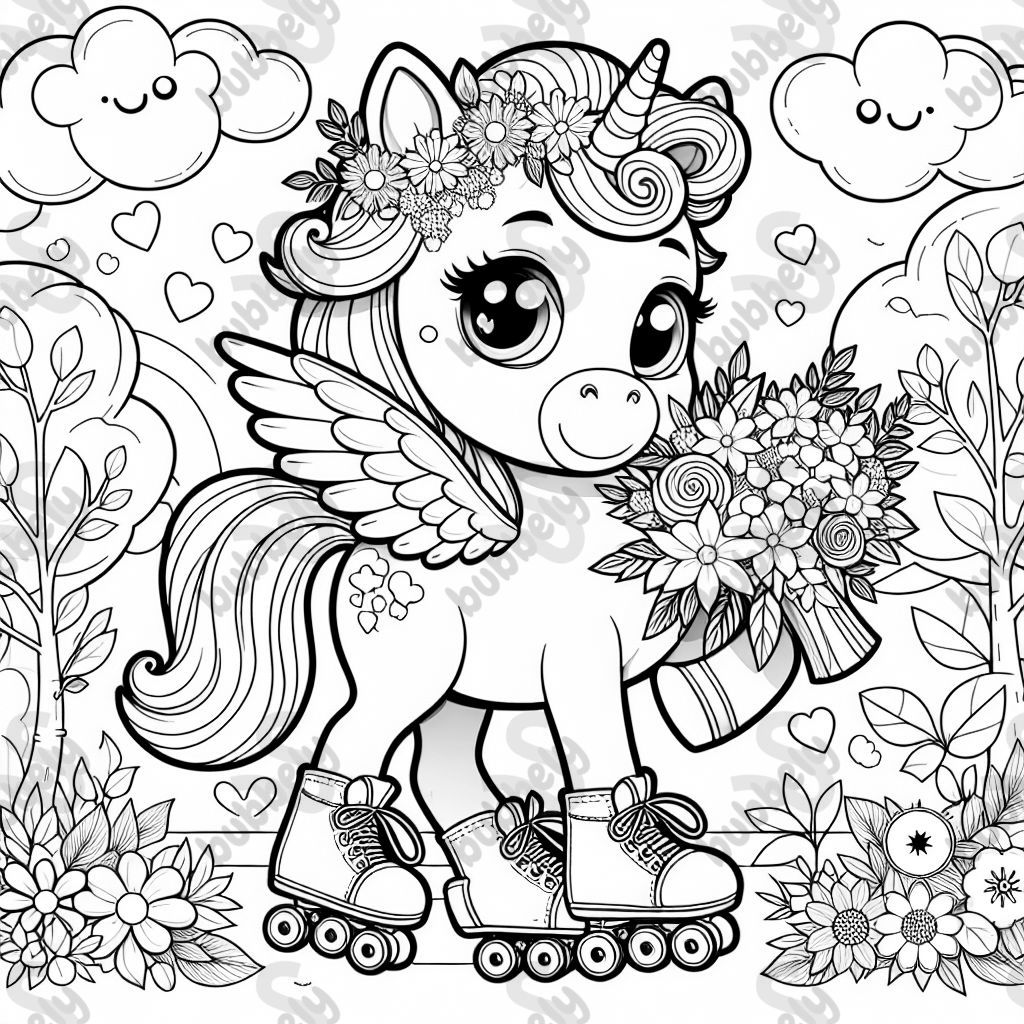 baby unicorn with wings in bouquet with roller skates