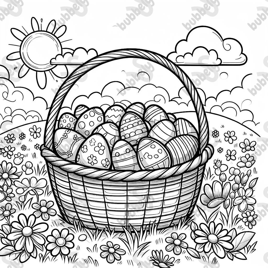 a large basket with many colorful Easter eggs in the middle of a flower meadow.