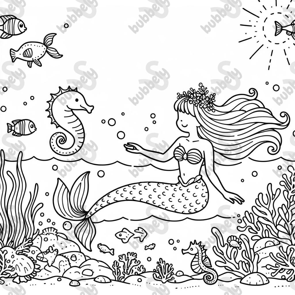 a mermaid swimming in the sea with various sea creatures