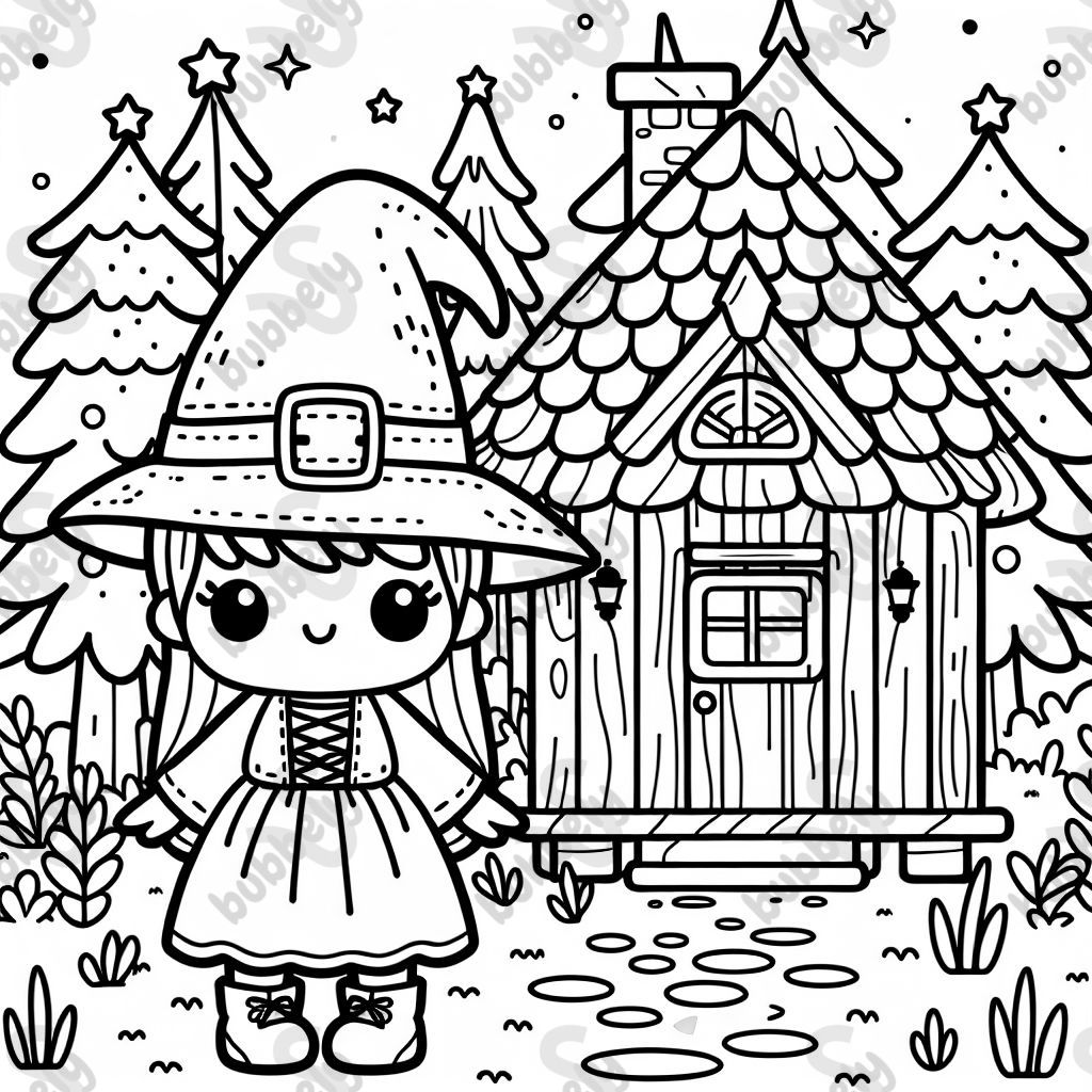 A cute cottage with a cute witch in the forest.