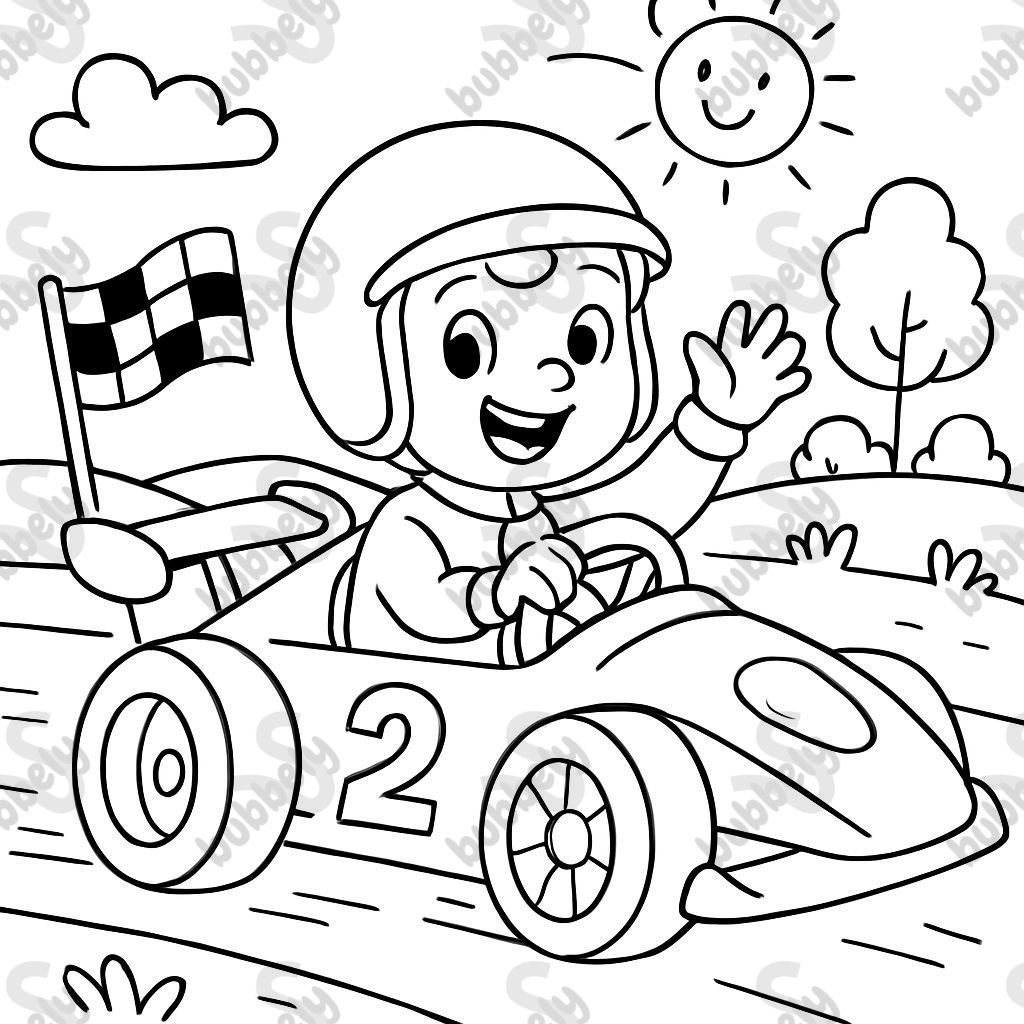 A racecar with the number 2 and a little boy driver