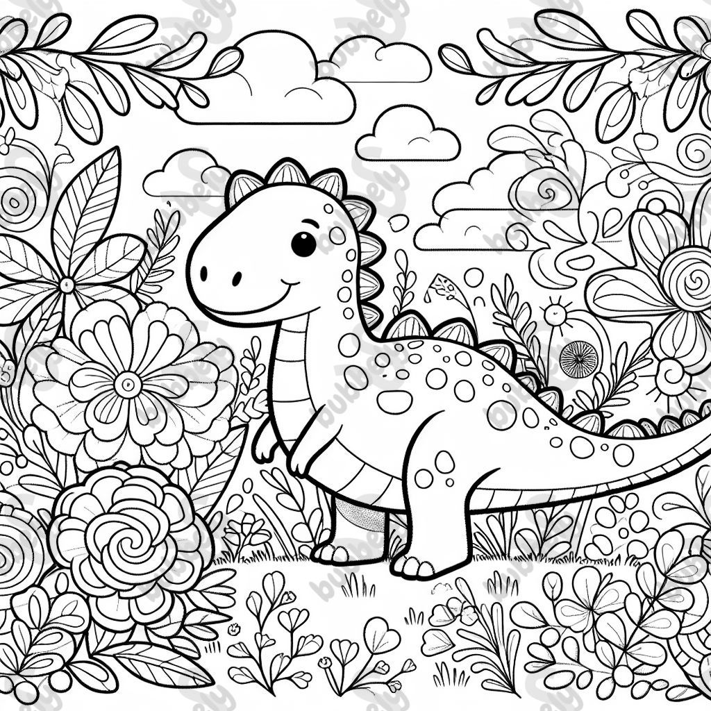 A dinosaur surrounded by designs and flowers
