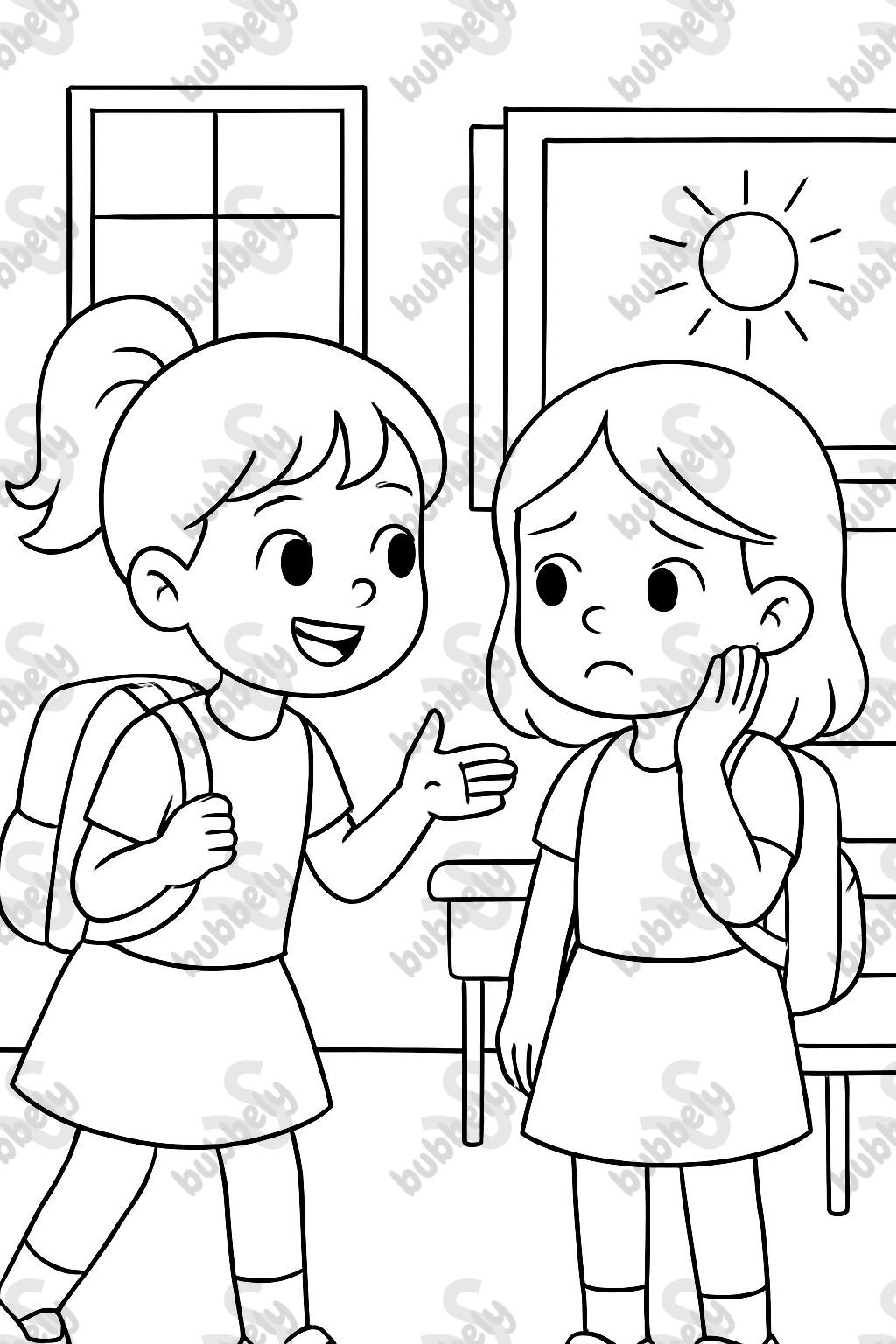 Fille de 6 ans avec une queue de cheval, demandant à une amie si elle va bien à l'école. Fille de 6 ans avec une queue de cheval, demandant à une amie si elle va bien à l'école.