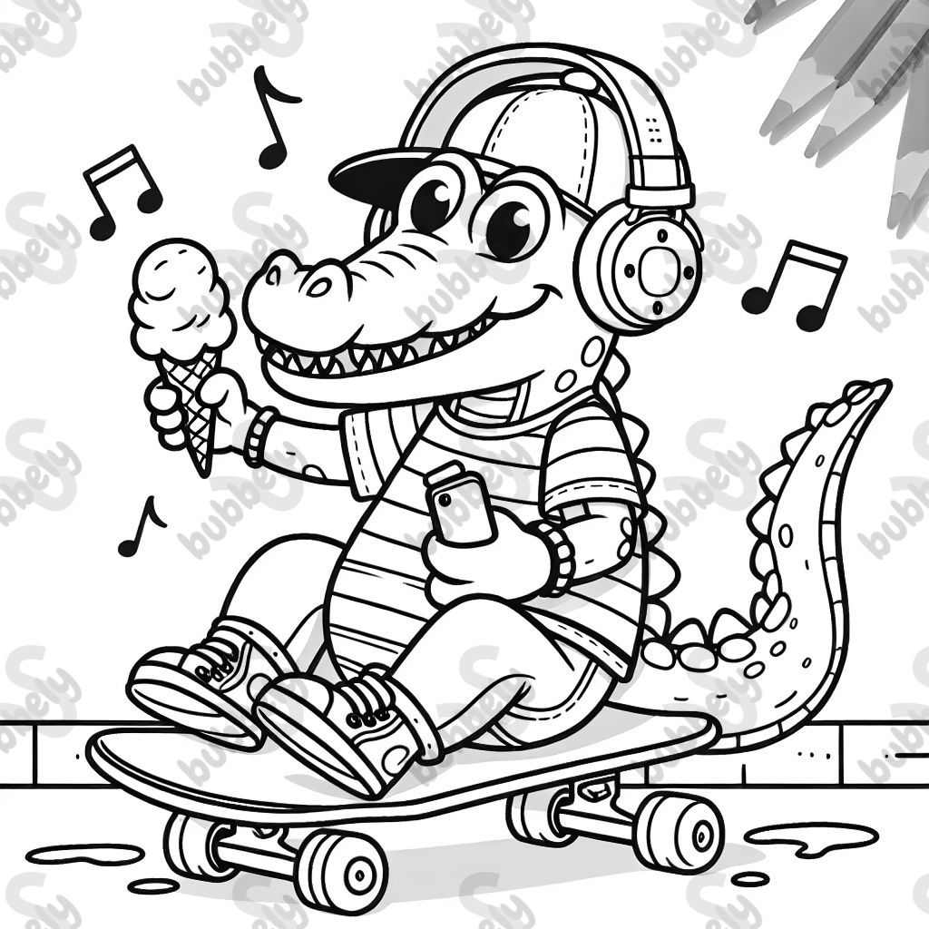 ein Krokodil was auf einem Skateboard fährt und mit einem Kopfhöhrer Musik hört und dabei ein Eis isst. ein Krokodil was auf einem Skateboard fährt und mit einem Kopfhöhrer Musik hört und dabei ein Eis isst.