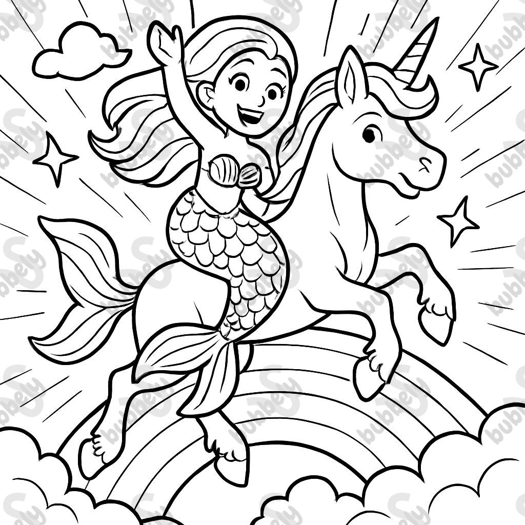 Mermaid riding a unicorn over a rainbow